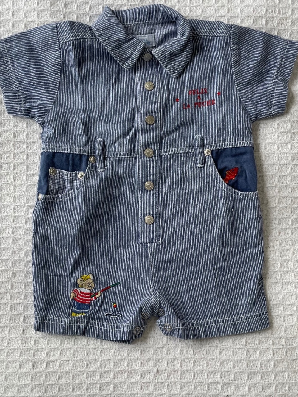 jacadi striped Denim Romper with the cutest fishing mice details - size 12m